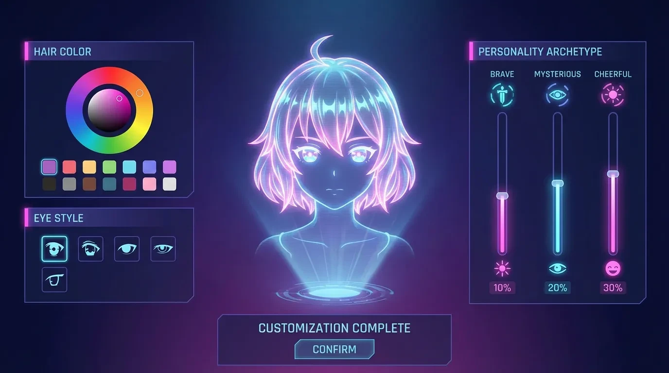 Anime character creation interface for building custom hentai AI companions on Girlfriendly AI