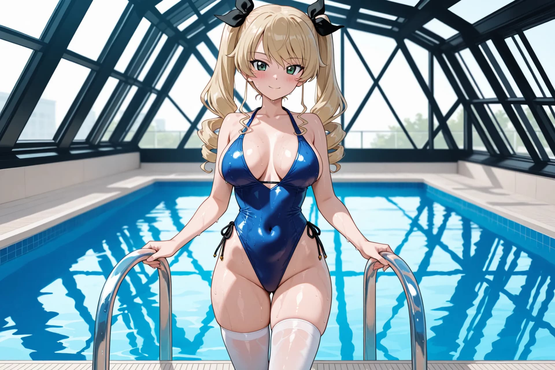 Blonde pool girl in swimsuit