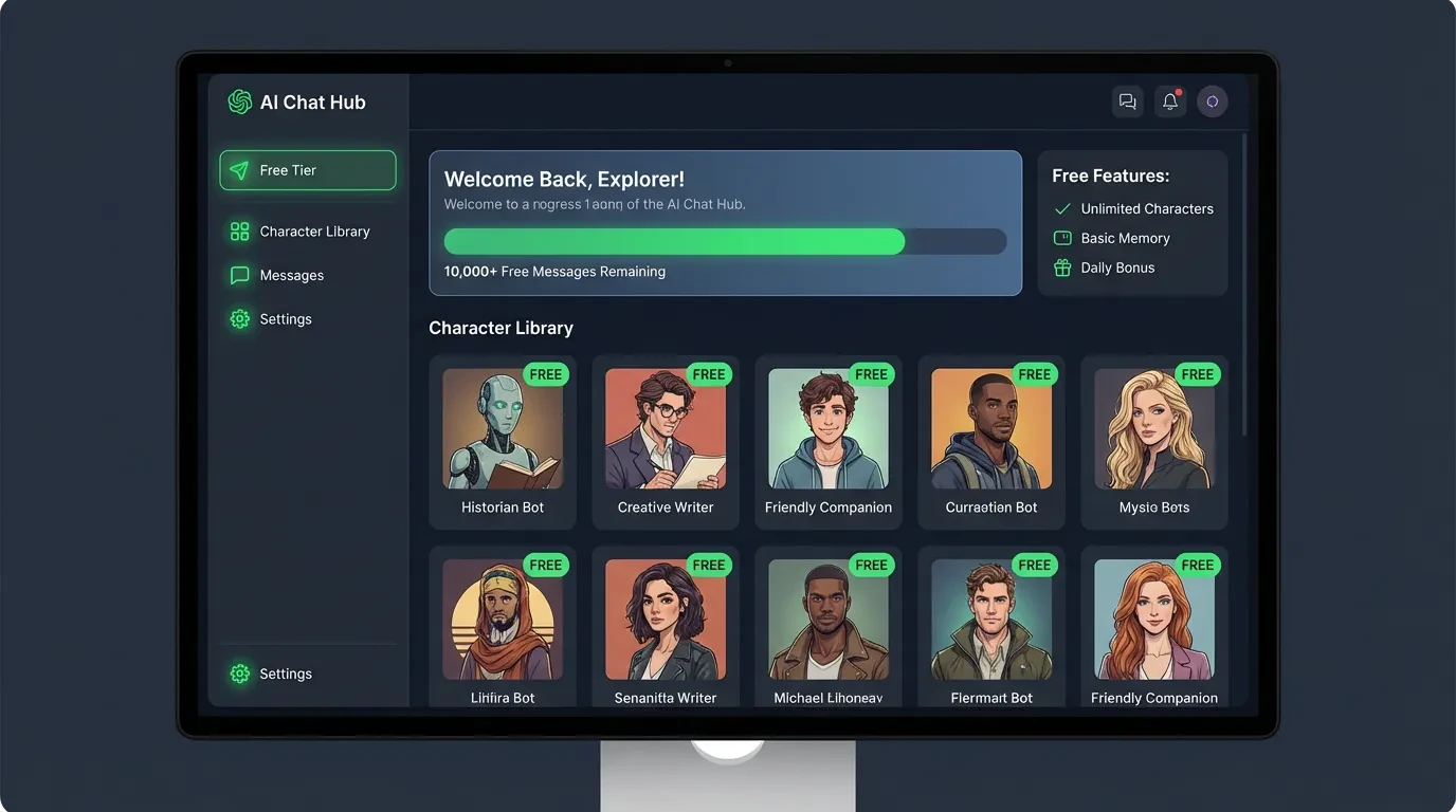 Free AI chat features overview showing generous free tier on Girlfriendly AI